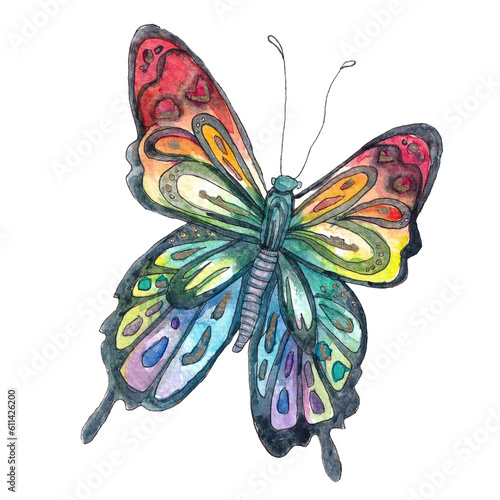 Watercolor rainbow Butterfly, Isolated on white, fantasy magic wings, wedding design element