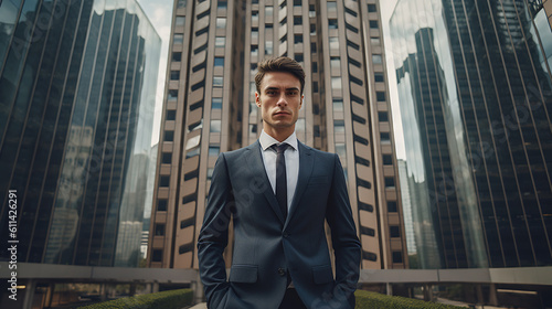 Successful businessman in a suit against a background of city skyscrapers.?reated with Generative AI technology.