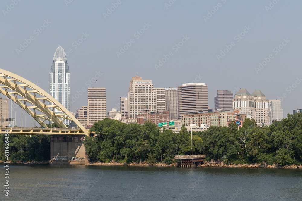 Cincinnati Downtown Skyline including the Great American tower and Daniel Carter Beard Bridge along the Riverfront.