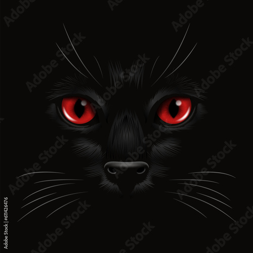 Vector 3d Realistic Red Cats Eye of a Black Cat in the Dark, at Night. Red, Cat Face with Yes, Nose, Whiskers on Black. Cat Closeup Look in the Darkness. Front View