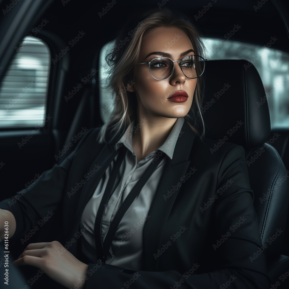 Attractive young woman in business suit driving car. Attractive young woman in business suit driving car.
