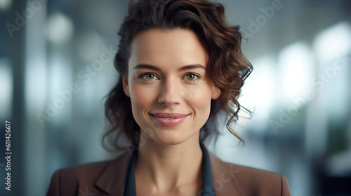 Close up portrait of a smiling young businesswoman in suit standing against office background.Created with Generative AI technology. © MP Studio