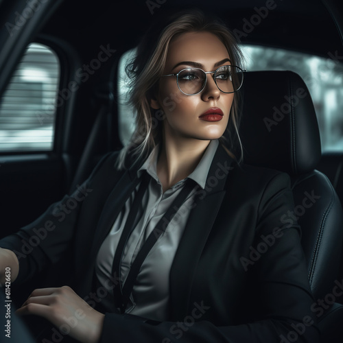 Attractive young  woman in business suit driving car. © Lucky Fenix