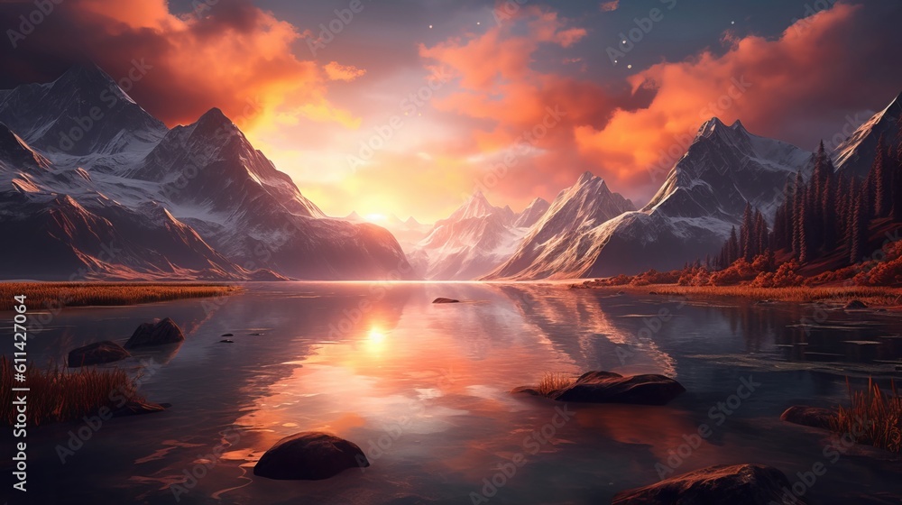 Majestic Mountains in a Breathtaking Sunset Scene