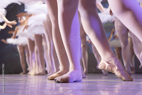 Professional ballet pointe women's ballet shoes photographed while dancing on stage