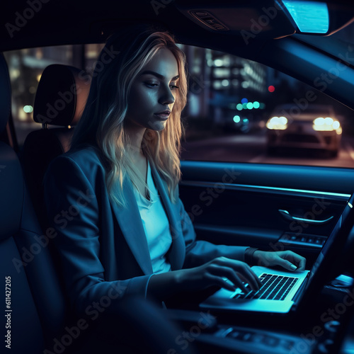 businesswoman in moving car working on his laptop. © Lucky Fenix