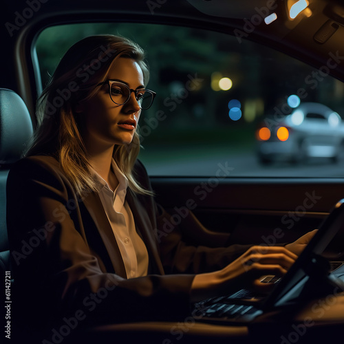 businesswoman in moving car working on his laptop. © Lucky Fenix