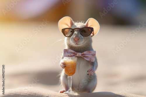 Valokuvatapetti Portrait of a realistic happy mouse with sunglass and bow tie hold coctail on sunset party beach, holiday summer vacation relax vibe concept