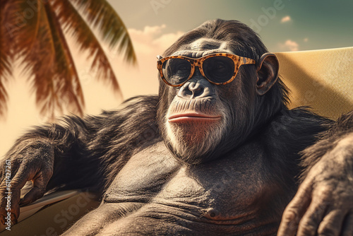 Fotobehang Portrait of a realistic happy chimpanzee monkey sitting in a lounge beach bungalow on summer vacation, relax vibe concept
