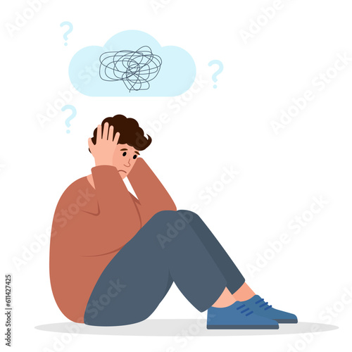 Sad unhappy man character. Bankruptcy, crisis, burnout syndrome, relationship trouble concept. Depression, Stress, Mind Health Problem. Vector illustration isolated on white background.