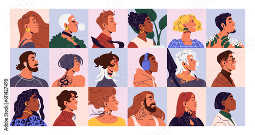Creative men, women, head portraits. Modern fashion people avatars, diverse happy faces profiles. Different attractive trendy sassy stylish young male and female characters. Flat vector illustrations