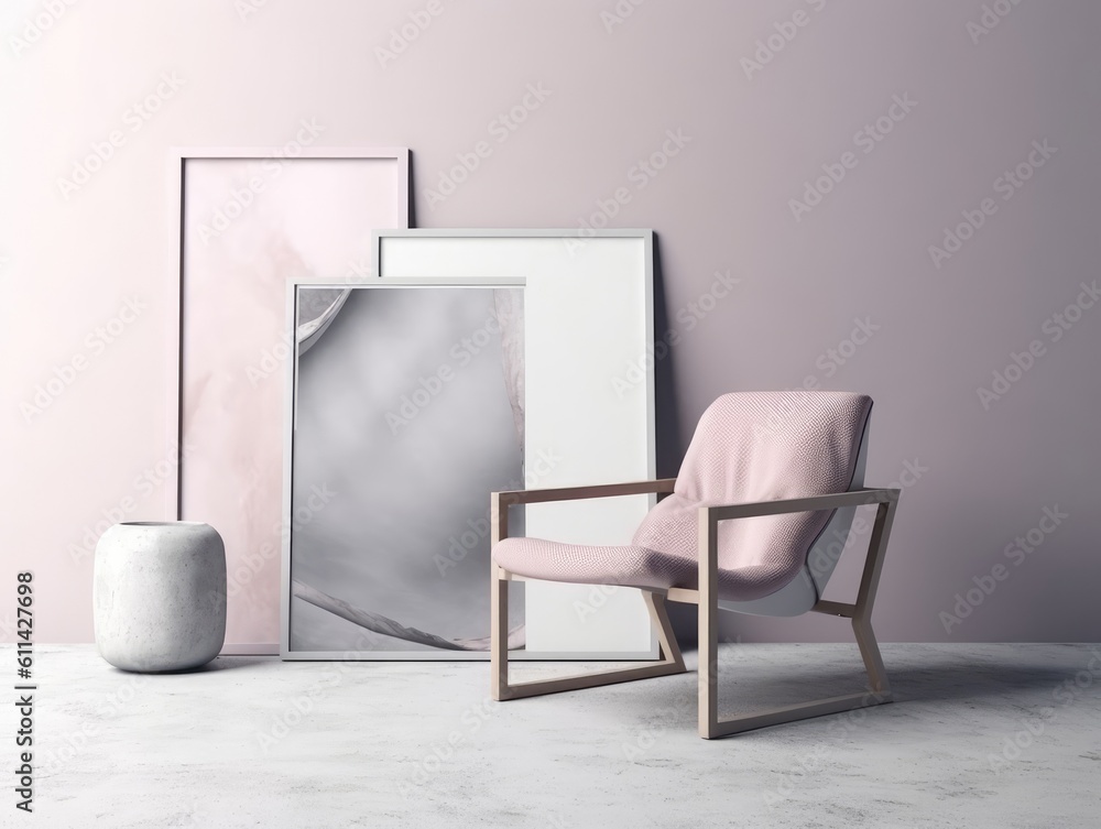 Pink modern stylish room with frame and sofa. Generative AI Pink modern stylish room with frame and sofa. Generative AI