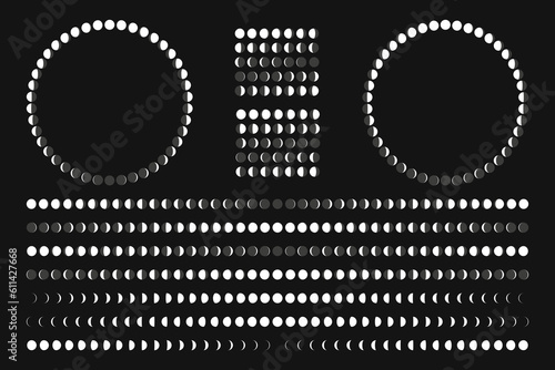 Moon phases. Magic cosmic symbols boho astrology decoration, abstract minimalist contemporary art for tattoo design. Vector collection. Celestial body in different shape with shadow