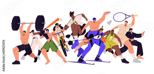 Different athletes of all sport types. Multi, mix of sportsmen, active community, group in action. Boxing, soccer, ski championship concept. Flat vector illustration isolated on white background