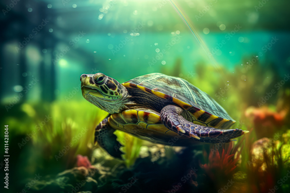 A turtle swimming gracefully in a tank, showcasing its natural aquatic movements. A turtle swimming gracefully in a tank, showcasing its natural aquatic movements.