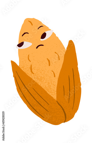 Corn character with bored discontent face expression. Funny maize corncob with boredom emotion, mood, rolling eyes. Cute comic vegetable. Flat vector illustration isolated on white background