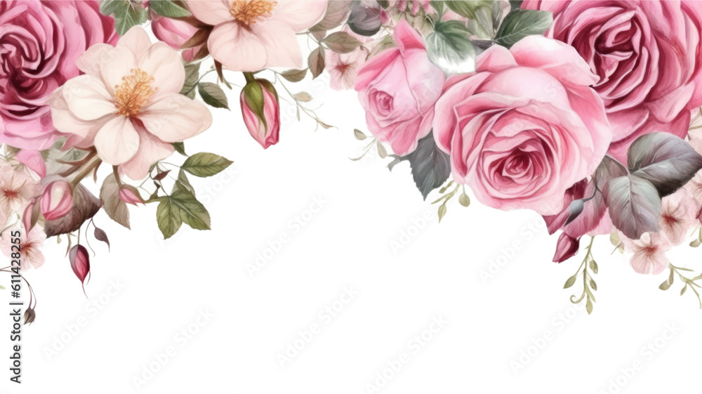 frame border with hand-drawn blooming roses isolated  on a transparent background, generative ai