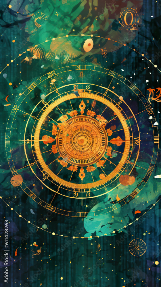 A digital painting of a zodiac wheel. Generative AI.