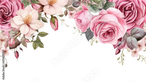 frame border with hand-drawn blooming roses isolated  on a transparent background  generative ai