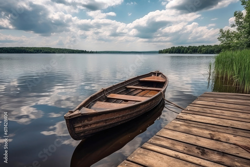 Wooden boat near a dock on the lake surrounded by green forest, Generative AI