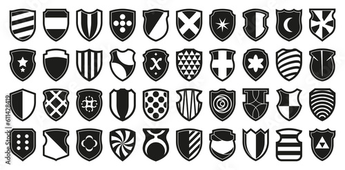Heraldic shields logo. Army security and military badge icons, game clans and royal army individual symbol, protection concept. Vector certificate and award icon set. Different achievements