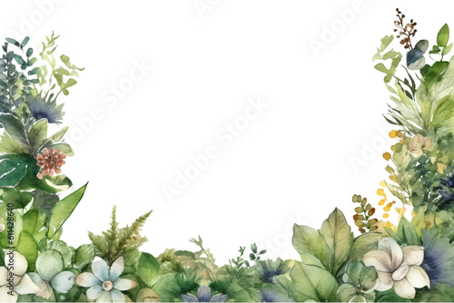 borders with plants decorated in watercolor design isolated against transparent with copy space