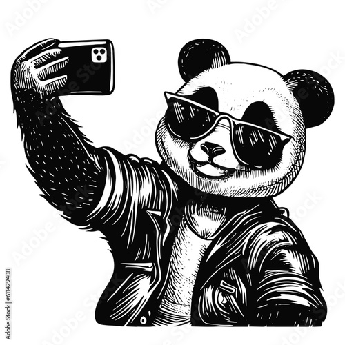 cool panda bear taking a selfie sketch