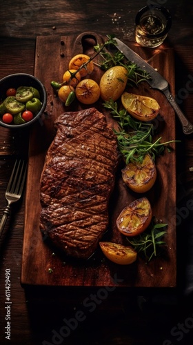 A mouthwatering steak dinner on a rustic wooden board. Captured in the style of National Geographic, with influences from Australian tonalism, Hurufiyya, bone, and Dutch realism. Generative AI photo