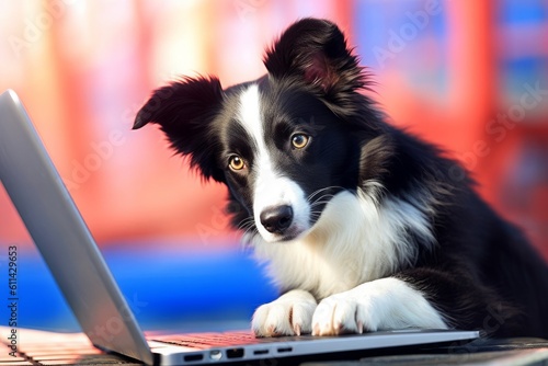 Dog looking at a laptop. Generative AI