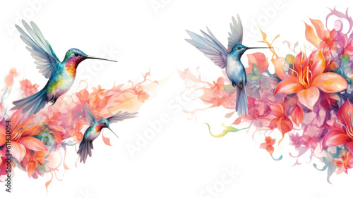 border featuring delicate hummingbirds in bright watercolor flowers generative ai © Perfect PNG