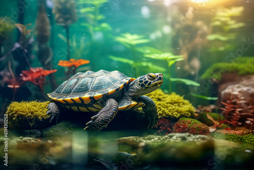 A turtle swimming gracefully in a tank, showcasing its natural aquatic movements. © Suplim
