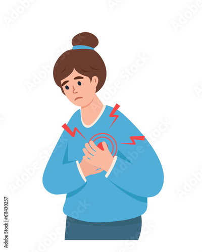 Young woman suffering from chest pain. Heartache, heart attack symptoms, Healthcare, disease concept vector illustration isolated on white background.