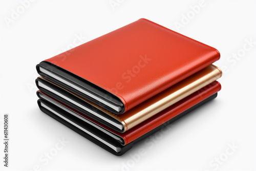 A stack of red binders with gold trim and black edges. mock up Generative AI photo