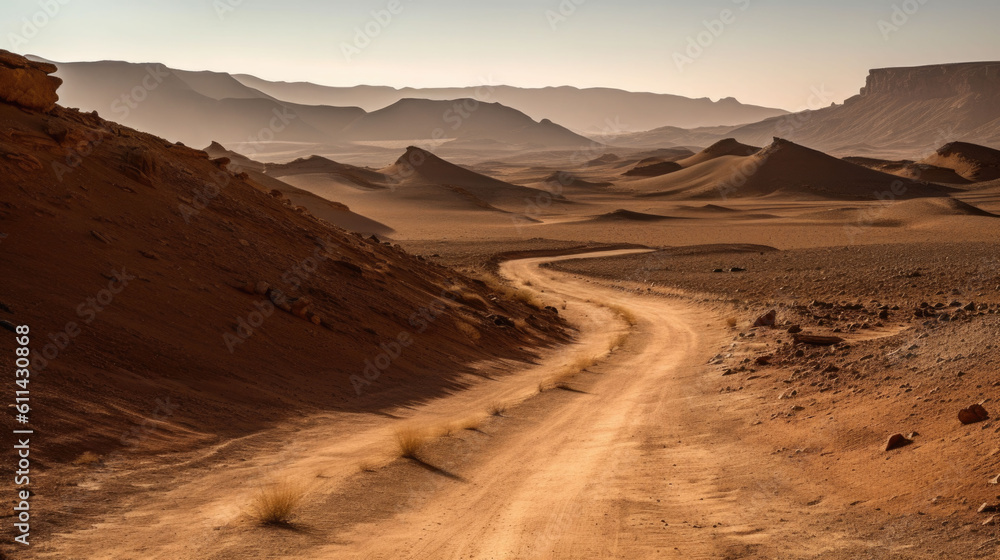 winding dirt road through a dry desert. Generative AI