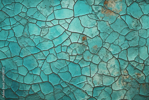 A turquoise cracked wall with rust on it. background Generative AI