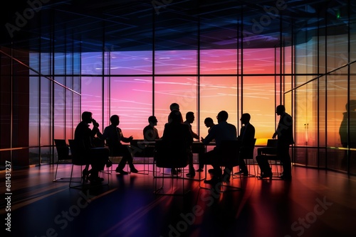 Print op canvas Silhouettes of people in a meeting room with a colorful window behind them Gener