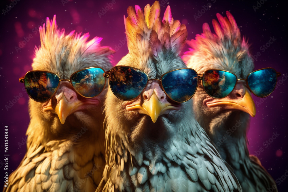 3 coole Hühner mit Partybrillen in Partystimmung. Generative Ai. Stock