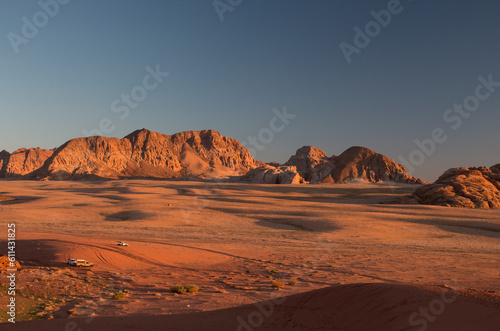 sunset evoer the desert landscape of Wadi Rum, Jordan