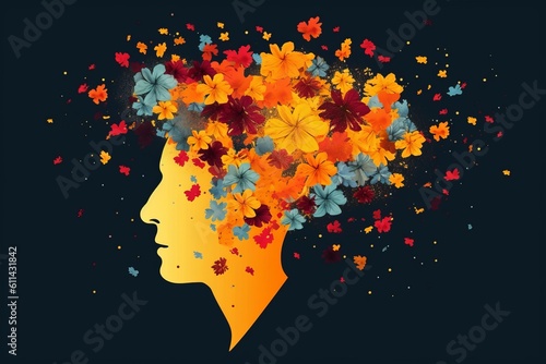 Dementia A man with a colorful head full of flowers in the shape of a head Generative AI