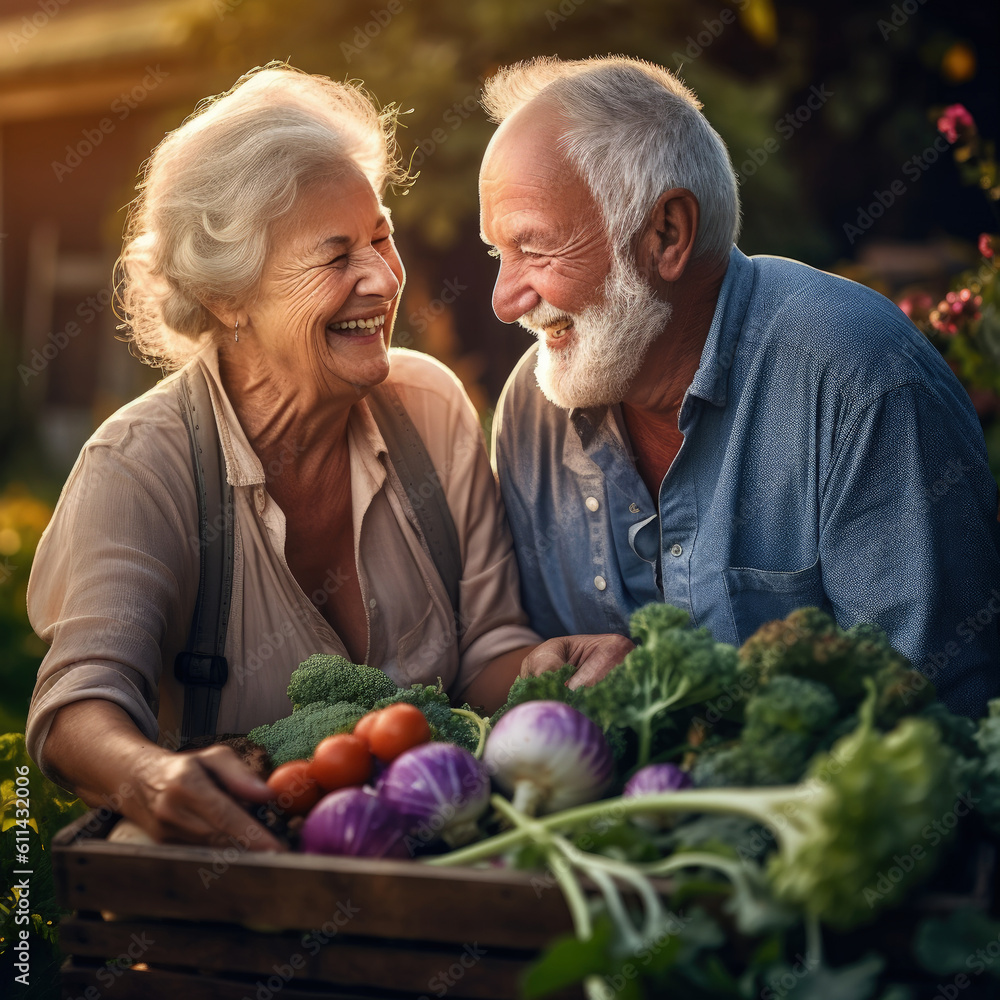 Senior woman and man with wood boxes with fresh organic vegetables.Bio Senior woman and man with wood boxes with fresh organic vegetables.Bio