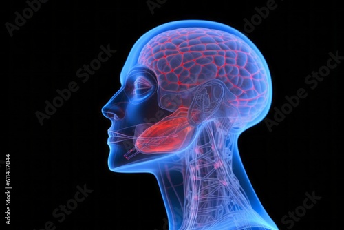 A blue and red image of a head and neck with the brain highlighted. Generative AI photo