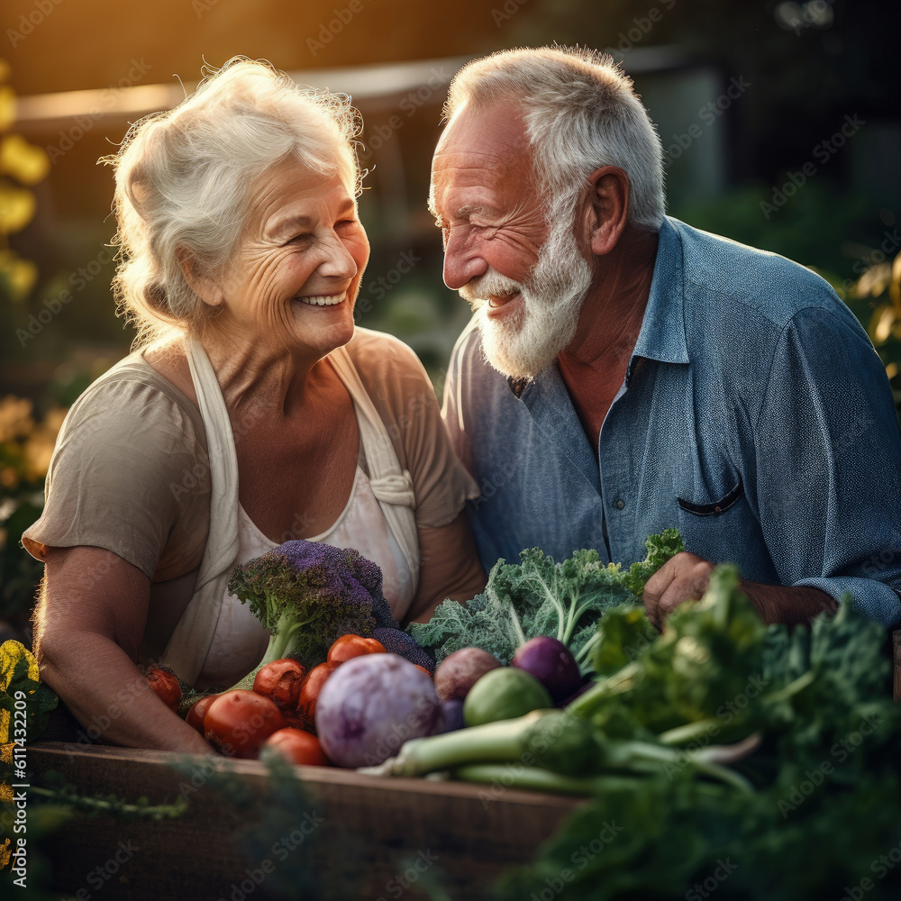 Senior smiling woman and man with wood boxes with fresh organic vegetables.Bio Senior smiling woman and man with wood boxes with fresh organic vegetables.Bio