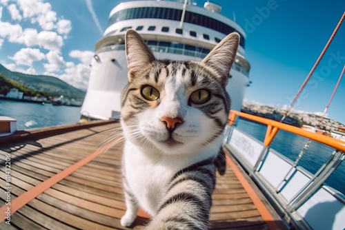 A cat is taking a selfie on a dock. Generative AI photo