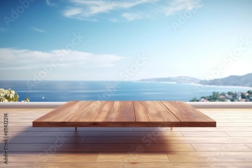 A table on a wooden floor with a blue sky in the background. Generative AI photo
