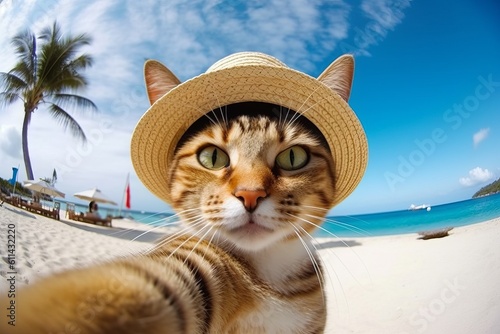 A cat taking a selfie on a beach Generative AI