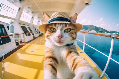 A cat wearing a hat on a cruise ship Generative AI photo