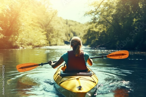Photographie A woman kayaking on a river with a yellow kayak in the background