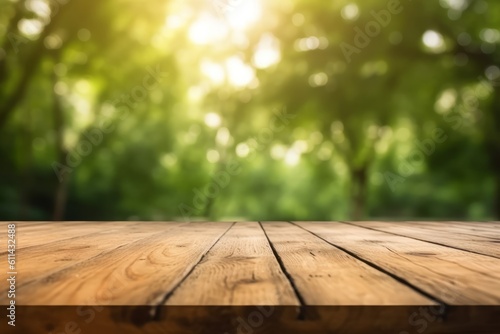 A wooden table with a green background and the sun shining through the trees mock up template Generative AI