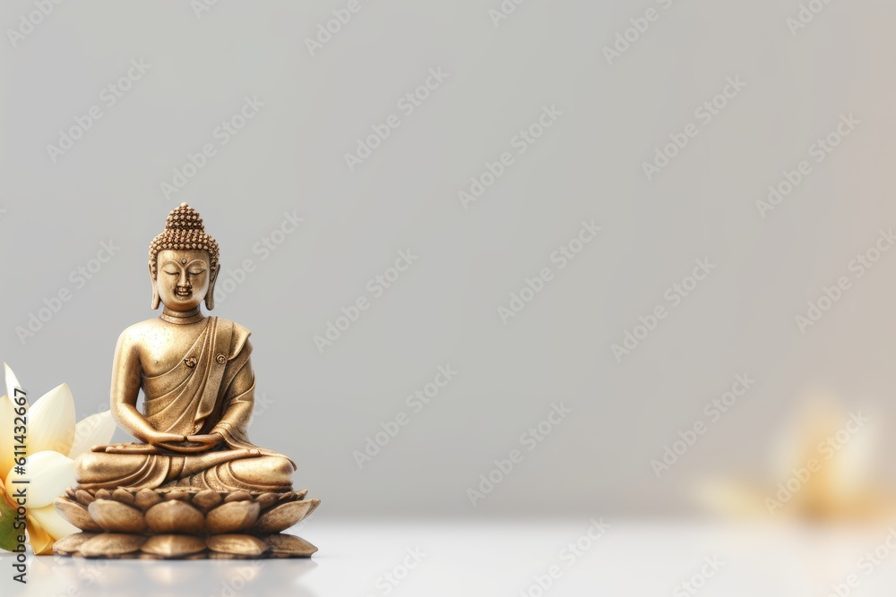 A statue of buddha sits on a table with a yellow background. Generative AI