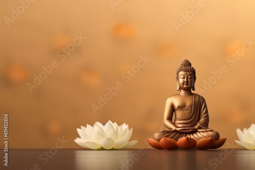 A buddha statue next to a lotus flower Generative AI photo